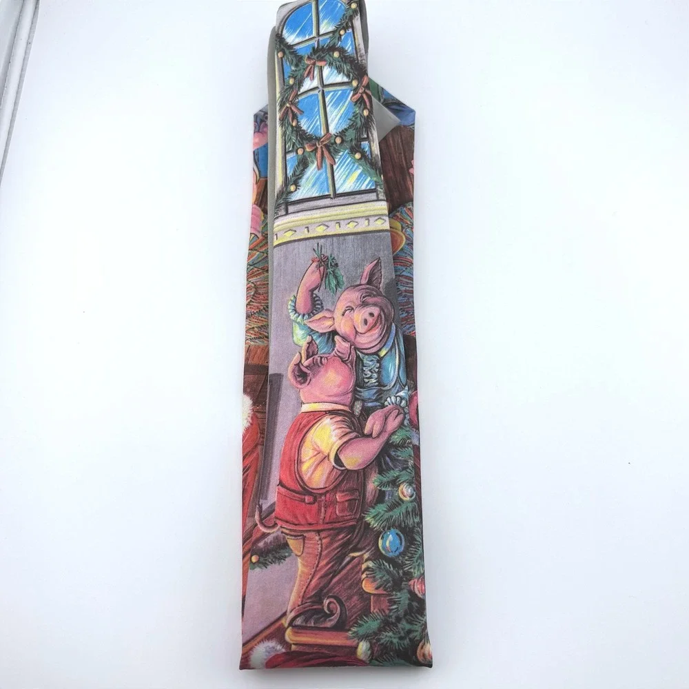Ralph Marlin Mens Vintage Christmas Pigs Santa Novelty Tie Multicolor USA Made